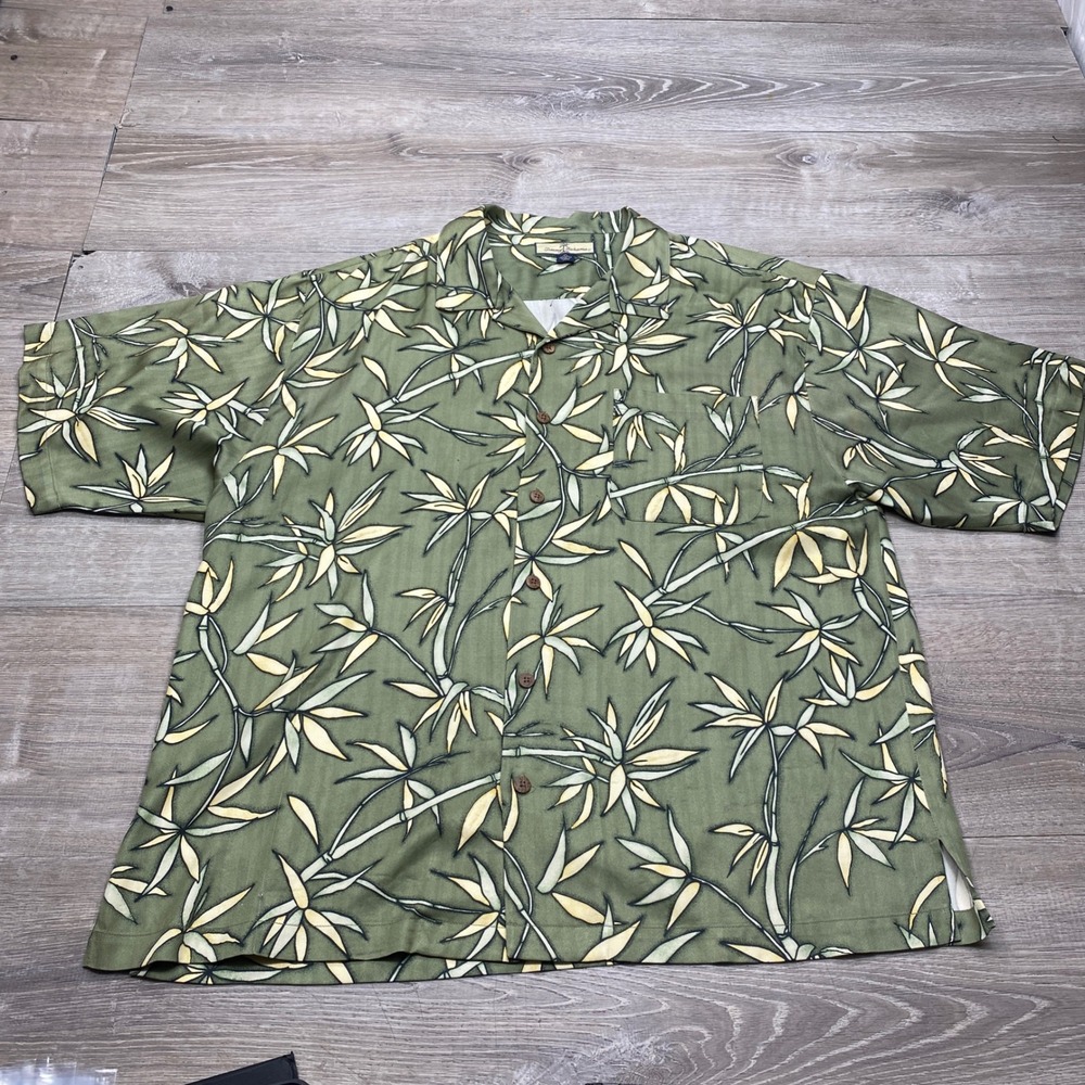 Tommy Bahama Silk Shirt Mens XL Green Bamboo Leaf Print Camp Casual Resort